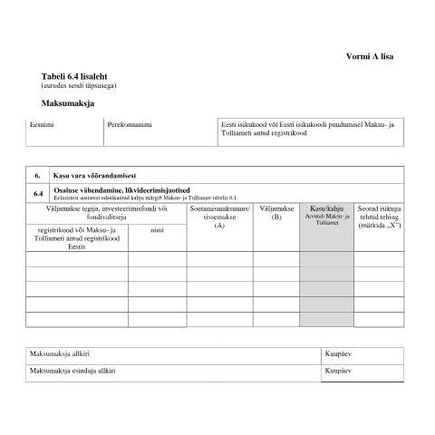 Document preview: Tabeli lisa 6.4 lisaleht — maksud-ja-tasumine, Eesti (CERFA n°VORM A TABEL 6.4 LISALEHT)