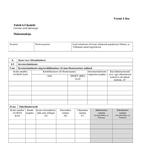 Document preview: Tabeli lisa 6.5 lisaleht — maksud-ja-tasumine, Eesti (CERFA n°VORM A TABEL 6.5 LISALEHT)