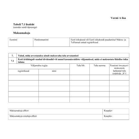 Document preview: Tabeli lisa 7.1 lisaleht — maksud-ja-tasumine, Eesti (CERFA n°VORM A TABEL 7.1 LISALEHT)
