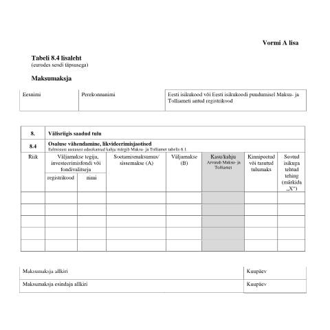 Document preview: Tabeli lisa 8.4 lisaleht — maksud-ja-tasumine, Eesti (CERFA n°VORM A TABEL 8.4 LISALEHT)