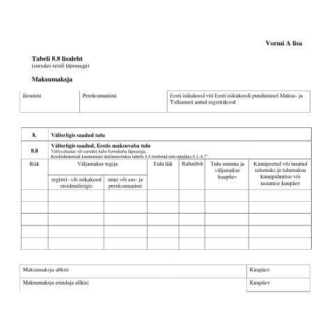 Document preview: Tabeli lisa 8.8 lisaleht — maksud-ja-tasumine, Eesti (CERFA n°VORM A TABEL 8.8 LISALEHT)