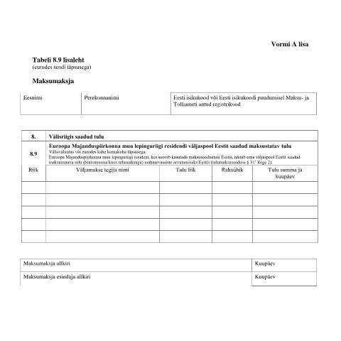 Document preview: Tabeli lisa 8.9 lisaleht — maksud-ja-tasumine, Eesti (CERFA n°VORM A TABEL 8.9 LISALEHT)