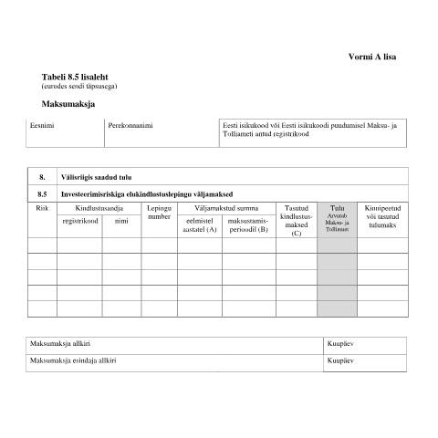 Document preview: Tabeli lisa 8.5 lisaleht — maksud-ja-tasumine, Eesti (CERFA n°VORM A TABEL 8.5 LISALEHT)