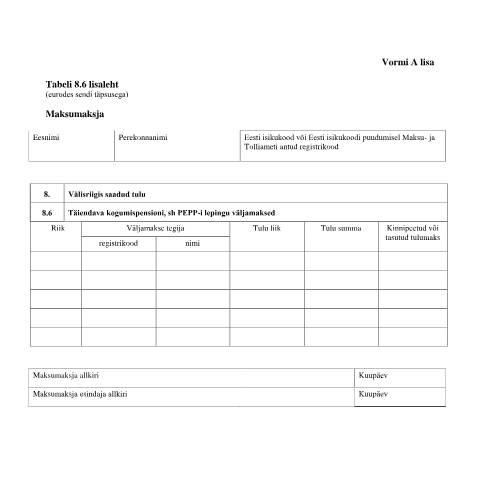 Document preview: Tabeli lisa 8.6 lisaleht — maksud-ja-tasumine, Eesti (CERFA n°VORM A TABEL 8.6 LISALEHT)