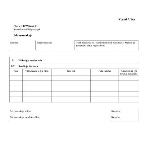 Document preview: Tabeli lisa 8.7-1 lisaleht — maksud-ja-tasumine, Eesti (CERFA n°VORM A TABEL 8.7-1 LISALEHT)