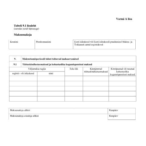 Document preview: Tabeli lisa 9.1 lisaleht — maksud-ja-tasumine, Eesti (CERFA n°VORM A TABEL 9.1 LISALEHT)
