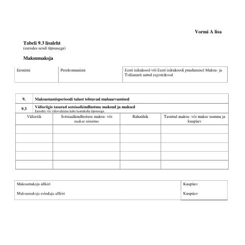 Document preview: Tabeli lisa 9.3 lisaleht — maksud-ja-tasumine, Eesti (CERFA n°VORM A TABEL 9.3 LISALEHT)