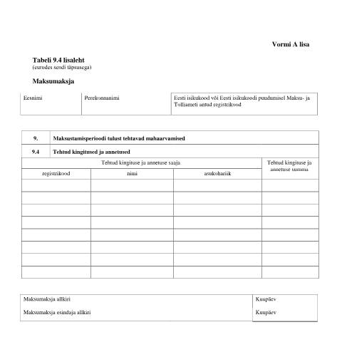 Document preview: Tabeli lisa 9.4 lisaleht — maksud-ja-tasumine, Eesti (CERFA n°VORM A TABEL 9.4 LISALEHT)