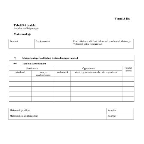 Document preview: Tabeli lisa 9.6 lisaleht — maksud-ja-tasumine, Eesti (CERFA n°VORM A TABEL 9.6 LISALEHT)