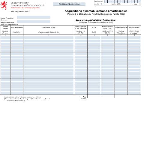 Aperçu du document Tableau d'amortissement Erwerb von abschreibbaren Anlagegütern — Annexes et bonifications d'impôt, Luxembourg (CERFA n°113)