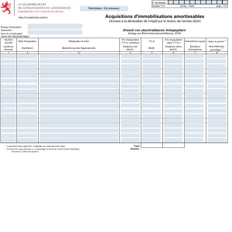 Aperçu du document Tableau d'amortissement Erwerb von abschreibbaren Anlagegütern — Annexes et bonifications d'impôt, Luxembourg (CERFA n°113)