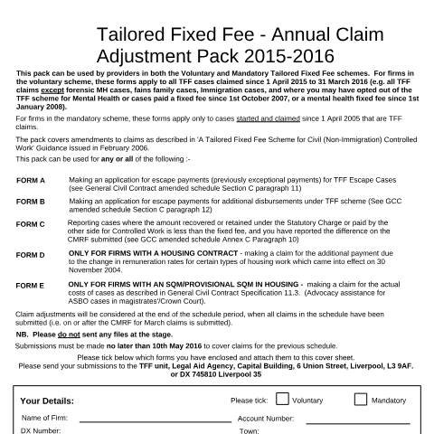 Document preview: Tailored fixed fee: annual claim adjustment pack — Legal Aid Agency, United Kingdom