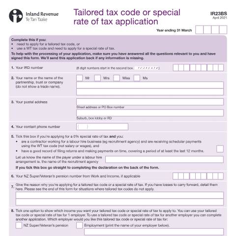Document preview: Tailored tax code or special rate of tax application — Income tax, New Zealand (CERFA n°IR23BS)