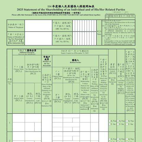 Document preview: 個人所得基本稅額申報表(外僑)(中英文併列) — 綜合所得稅, 台灣 (CERFA n°114年度個人及其關係人持股明細表)