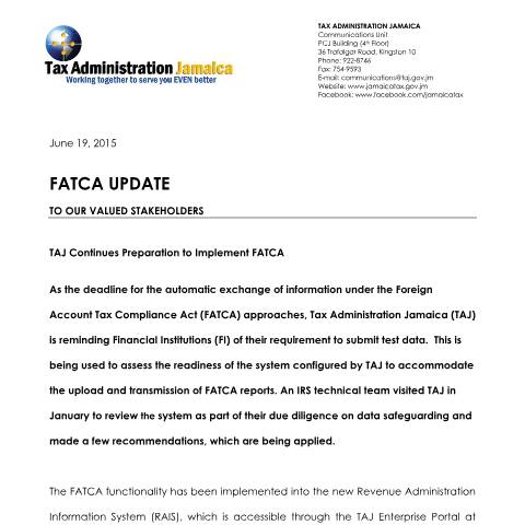 Document preview: TAJ Continues Preparation To Implement FATCA — Document, Jamaica (CERFA n°TAJ+continues+prepartion+to+implement++FATCA)