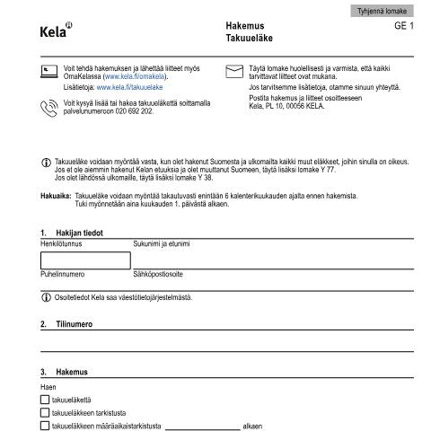 Document preview: Hakemus - Takuueläke — Eläkkeellä, Suomi (CERFA n°Kela GE 1)