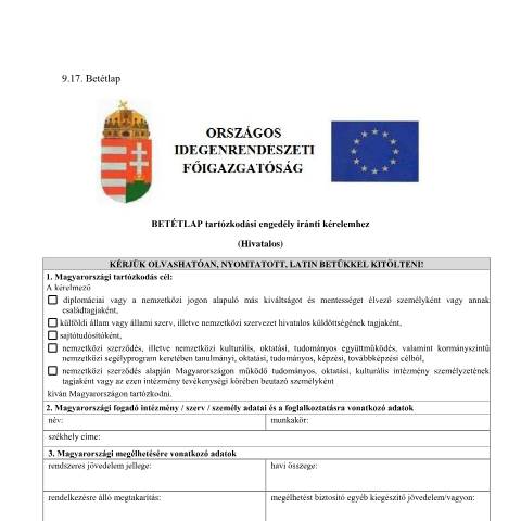 Document preview: 9.17. Betétlap tartózkodási engedély iránti kérelemhez Hivatalos HU — OIF_BEVANDORLAS, Magyarország