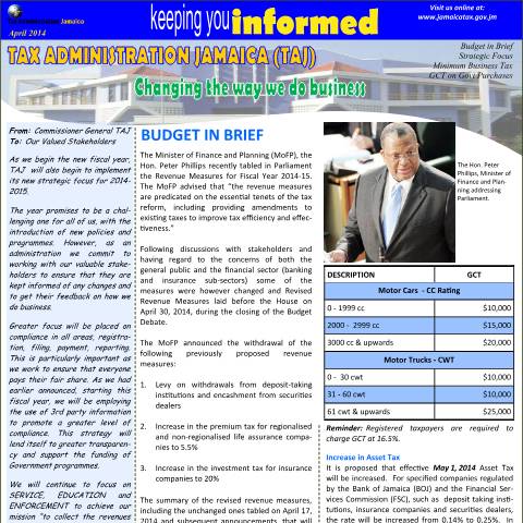 Document preview: Tax Administration Jamaica - Keeping You Informed - April 2014 — Reference, Jamaica (CERFA n°april2014)