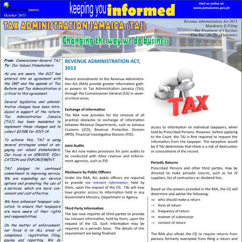 Document preview: Tax Administration Jamaica - Keeping You Informed - October 2013 — Document, Jamaica (CERFA n°october2013)