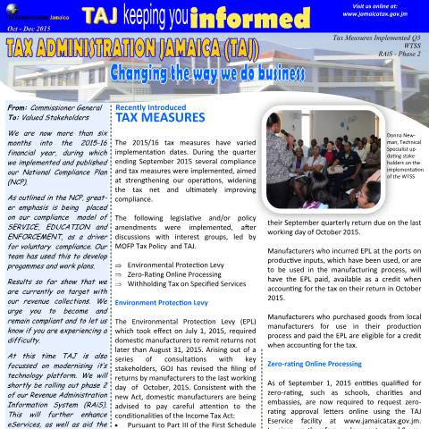 Document preview: Tax Administration Jamaica - Keeping You Informed - Oct -Dec 2015 — Document, Jamaica (CERFA n°OctDec2015)