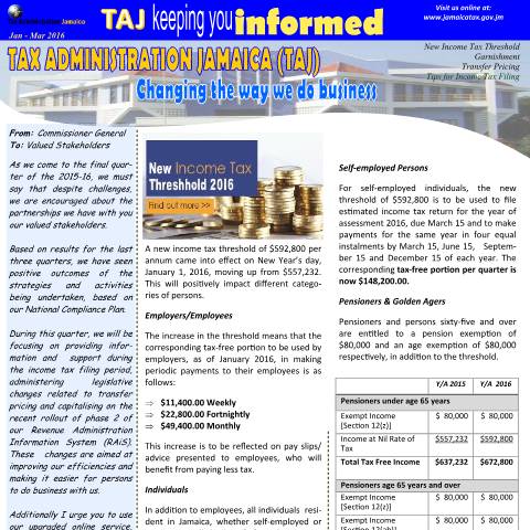 Document preview: Tax Administration Jamaica - Keeping You Informed - Jan - Mar 2016 — Document, Jamaica (CERFA n°Updated_Jan_Mar2016)