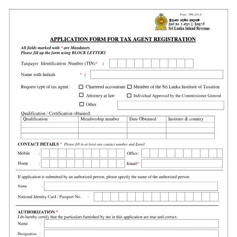 Document preview: Application Form for Tax Agent Registration — Taxpayer Registration, Sri Lanka (CERFA n°TPR_019)