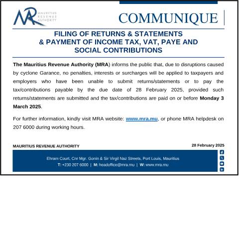 Document preview: Filing of Returns / Statements &amp; Payment of Income Tax, VAT, PAYE and Social Contributions (28.02.25) — Form, Mauritius (CERFA n°Communique280225)