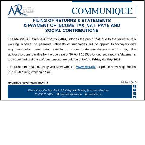 Document preview: Filing of Returns &amp; Statements &amp; Payments of Income Tax, VAT, PAYE and Social Contributions (30.04.25) — Form, Mauritius (CERFA n°Communique300425)