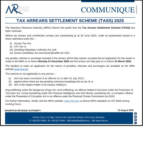 Document preview: Tax Arrears Settlement Scheme (TASS) 2025 (14.08.25) — Document, Mauritius (CERFA n°Com-TASS2025)