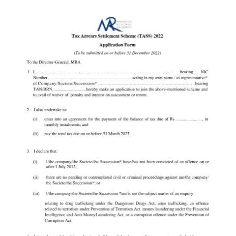 Document preview: Application Form — Form, Mauritius (CERFA n°TASS-ApplicationForm)
