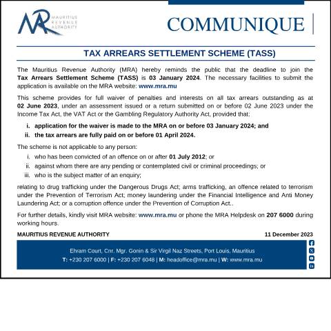 Document preview: Tax Arrears Settlement Scheme (TASS) : Deadline (11.12.23) — Notice / Circular, Mauritius (CERFA n°CommuniqueTASS111223)