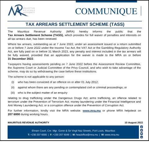 Document preview: Tax Arrears Settlement Scheme (TASS) (10.08.22) — Notice / Circular, Mauritius (CERFA n°CommuniqueTASS100822)