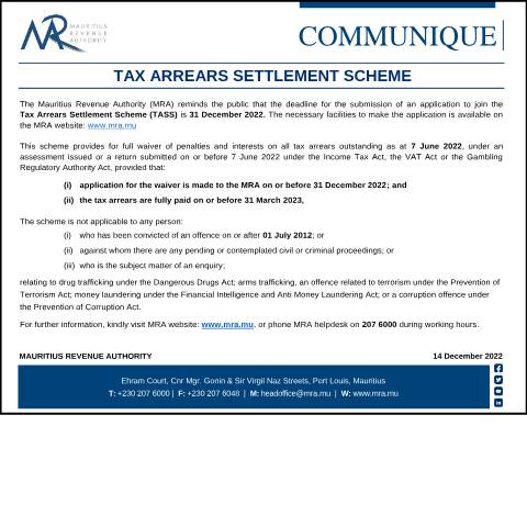 Document preview: Tax Arrears Settlement Scheme (14.12.22) — Notice / Circular, Mauritius (CERFA n°CommuniqueTASSReminder141222)