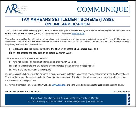 Document preview: Tax Arrears Settlement Scheme (TASS) - Online Application (19.10.22) — Form, Mauritius (CERFA n°CommuniqueTASS191022)