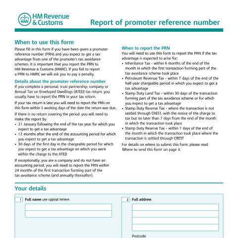 Document preview: Tax avoidance schemes: report of promoter reference number (AAG4(PRN)) — HM Revenue & Customs, United Kingdom
