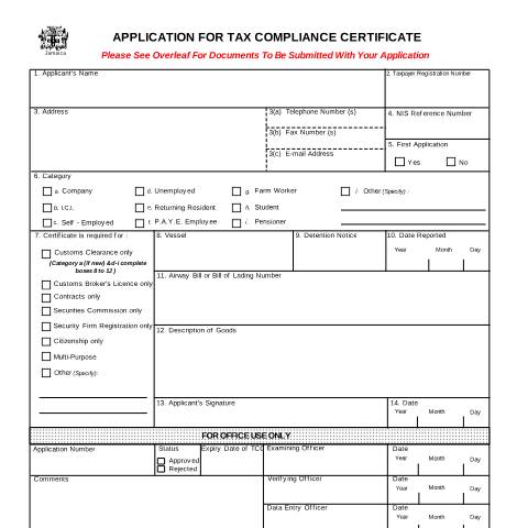 Document preview: TAX COMPLIANCE CERTIFICATE APPLICATION FORM (TCC) — Form, Jamaica (CERFA n°tcc_app_form)