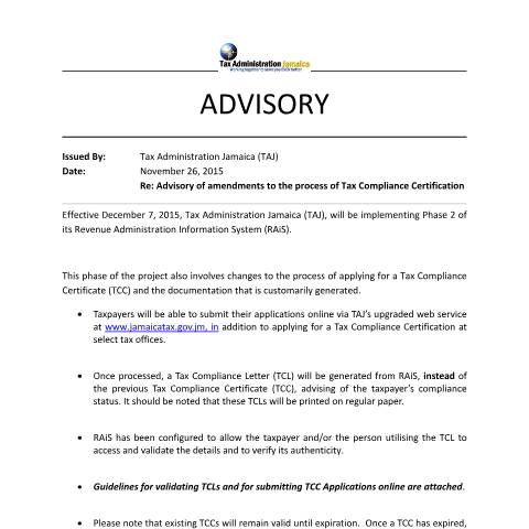 Document preview: Process a Tax Compliance Certificate — Form, Jamaica (CERFA n°Advisory+of+Amendments+to+the+Process+of+Tax+Compliance+Certification)