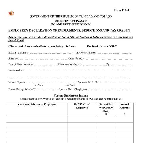 Document preview: Tax Declaration Form 1 (TD1) — Form, Trinidad & Tobago (CERFA n°TD1)