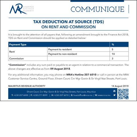 Document preview: Tax Deduction at Source (TDS) on Rent and Commission (14.08.18) — Document, Mauritius (CERFA n°TDS140818)