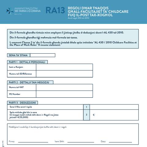 Document preview: RA Forms — ra13-deductions-on-childcare-facilities-at-the-workplace.pdf — income_tax, Malta (CERFA n°ra13-deductions-on-childcare-facilities-at-the-workplace)