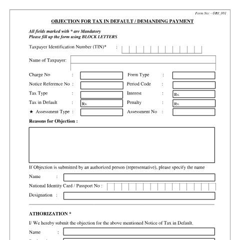Document preview: Application form Objection for Tax in Default / Demanding Payment — Administrative Review, Appeal and Objection, Sri Lanka (CERFA n°OBJ_001)