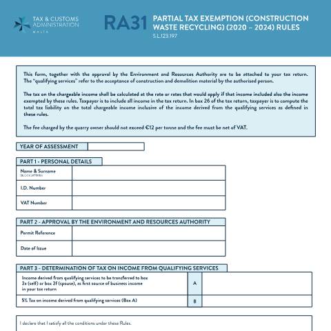 Document preview: RA Forms — ra31---tax-exemption-(construction-waste-recycling).pdf — income_tax, Malta (CERFA n°ra31---tax-exemption-(construction-waste-recycling))
