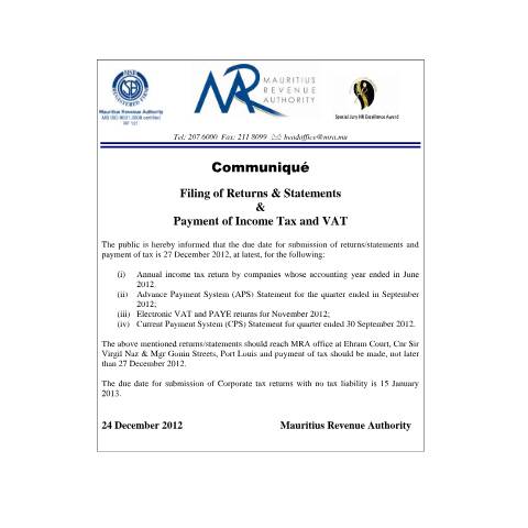 Document preview: Filing of Returns &amp; Statements &amp; Payment of Income Tax and VAT (24.12.2012) — Form, Mauritius (CERFA n°FilingReturnsDeadline)