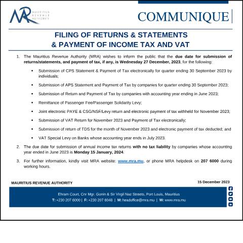Document preview: Deadline : Filing of Returns &amp; Statements &amp; Payment of Income Tax and VAT (15.12.23) — Form, Mauritius (CERFA n°Communique151223)