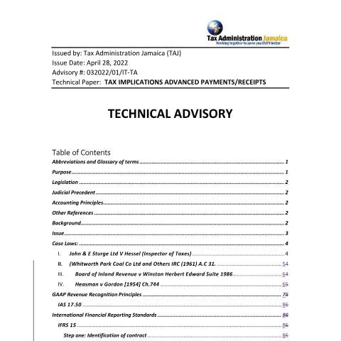 Document preview: Technical Advisory - Tax Implications Advance Payments/Receipts — Document, Jamaica (CERFA n°Technical_Advisory_Advanced_Payments_Receipts_Final)