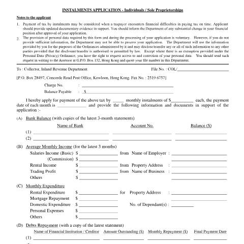 Document preview: Instalments Application - Individuals / Sole Proprietorships — Tax Payments Refunds, Hong Kong SAR China (CERFA n°IR 1360)