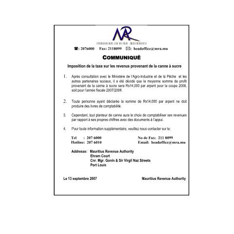 Document preview: Imposition De La Taxe Sur Les Revenus Provenant De La Canne À Sucre (13.09.2007) — Notice / Circular, Mauritius (CERFA n°CommuniqueSugarFrench)