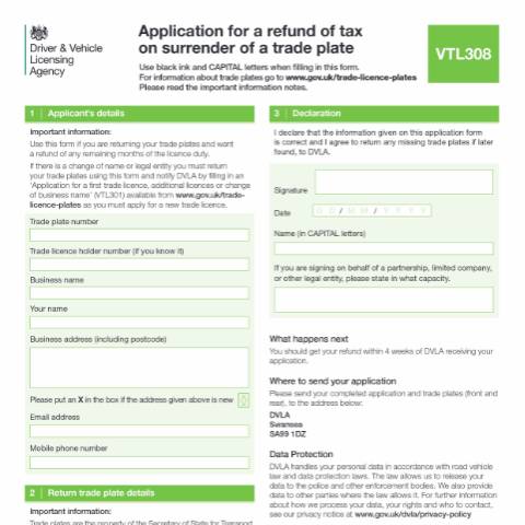 Document preview: Apply for a refund of tax on surrender of a trade licence (form VTL308) — Driver and Vehicle Licensing Agency, United Kingdom