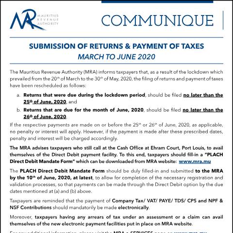 Document preview: Submission of Returns &amp; Payment of Taxes : March to June 2020 (01.06.20) — Form, Mauritius (CERFA n°CommuniquePayment010620)