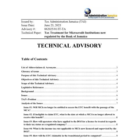 Document preview: Technical Advisory - Tax Treatment for Microcredit Institutions now regulated by the Bank of Jamaica — Document, Jamaica (CERFA n°TECHNICAL_ADVISORY_Tax_Treatment_for_MCIs_Final_25062025)